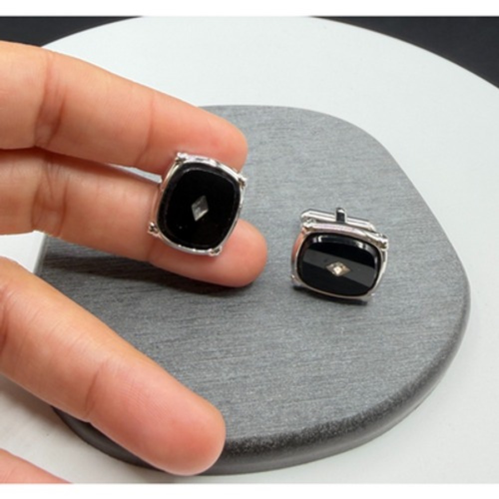 Black Stone Cufflinks Silver Tone Square Rhinestone Formal Wedding Gift for Him